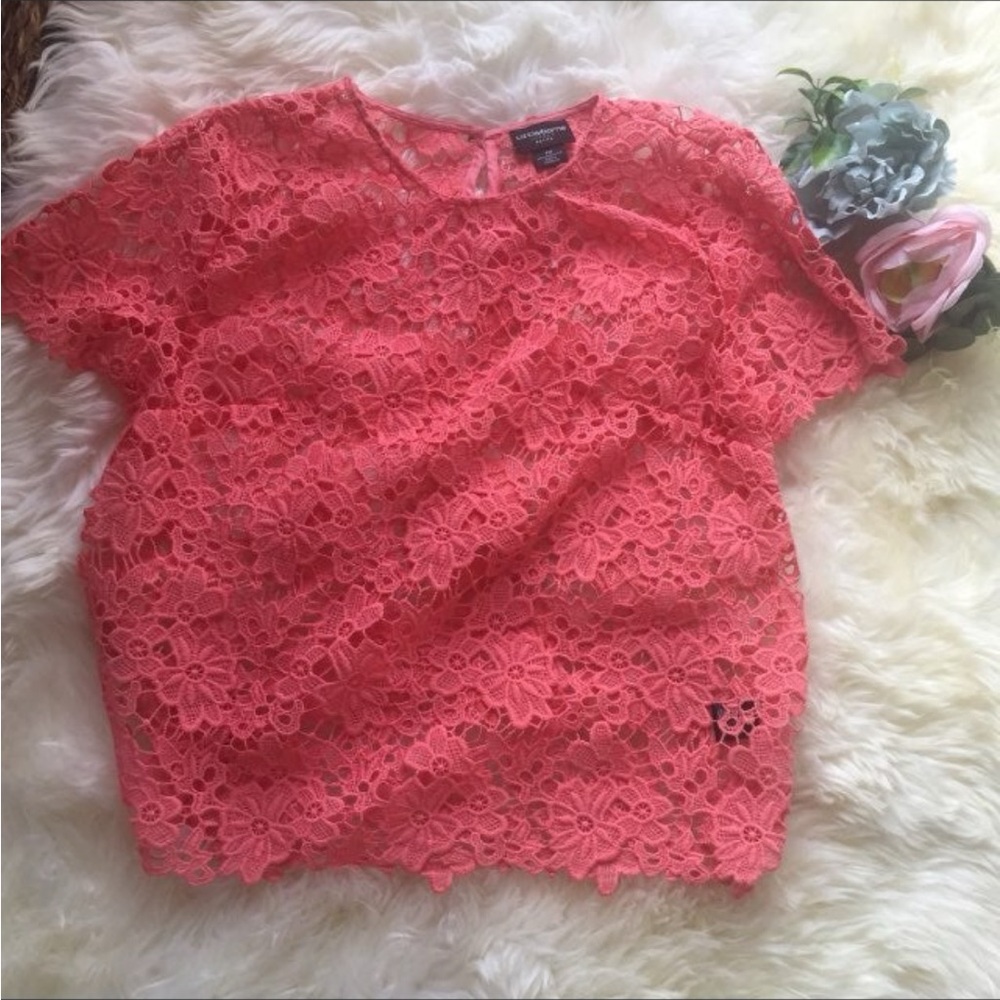 Liz Claiborne Pink Coral Lace Boxy Short Sleeve Blouse PM Petite Medium
